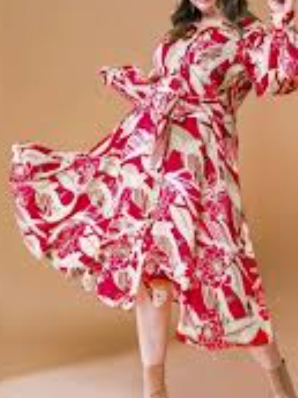 Flying Tomato Red and Cream Printed Midi Wrap Dress